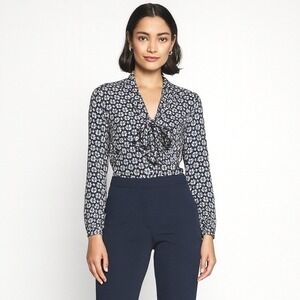 Loft Blue Floral Geometric Tie Neck Long Sleeve Blouse XS Preppy‎ 55-11